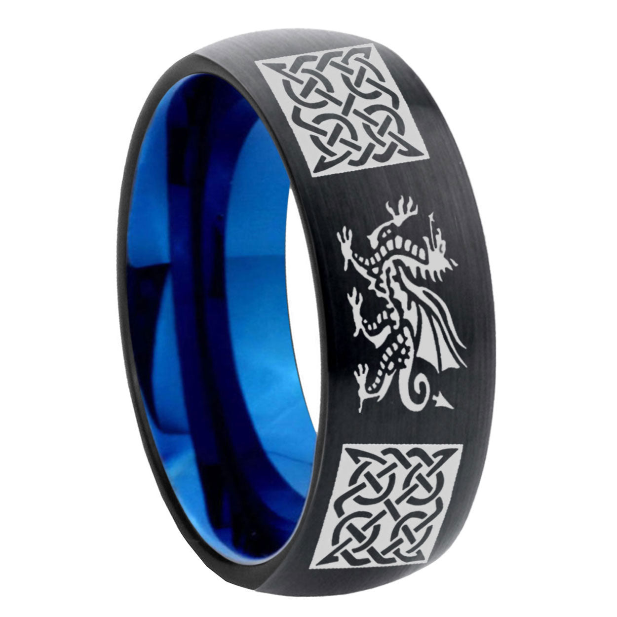 8mm Multi Dragon Celtic Two-Tone Classic Dome Black Blue Tungsten Engraved Ring