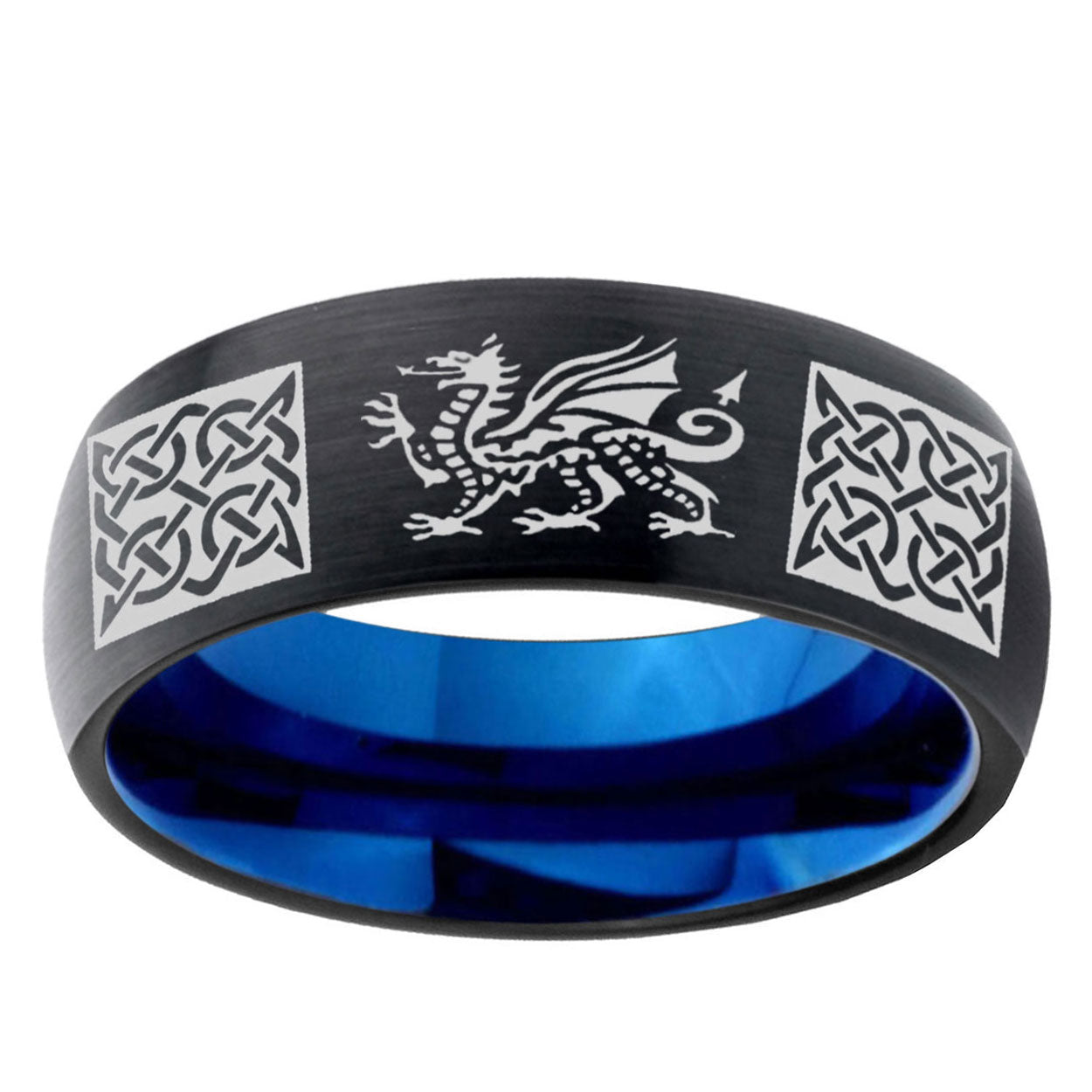 5mm Multi Dragon Celtic Two-Tone Classic Dome Black Blue Tungsten Engraved Ring