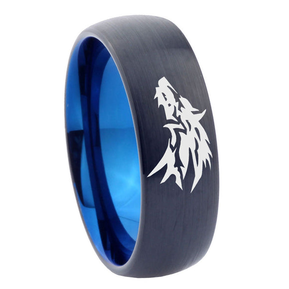 8mm Wolf Dome Blue Black Engraved Ring