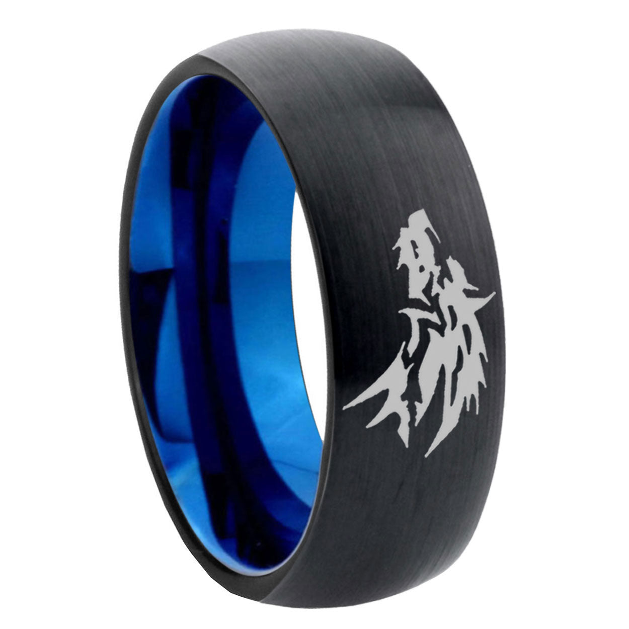 8mm Wolf Design Two-Tone Classic Dome Black Blue Tungsten Engraved Ring