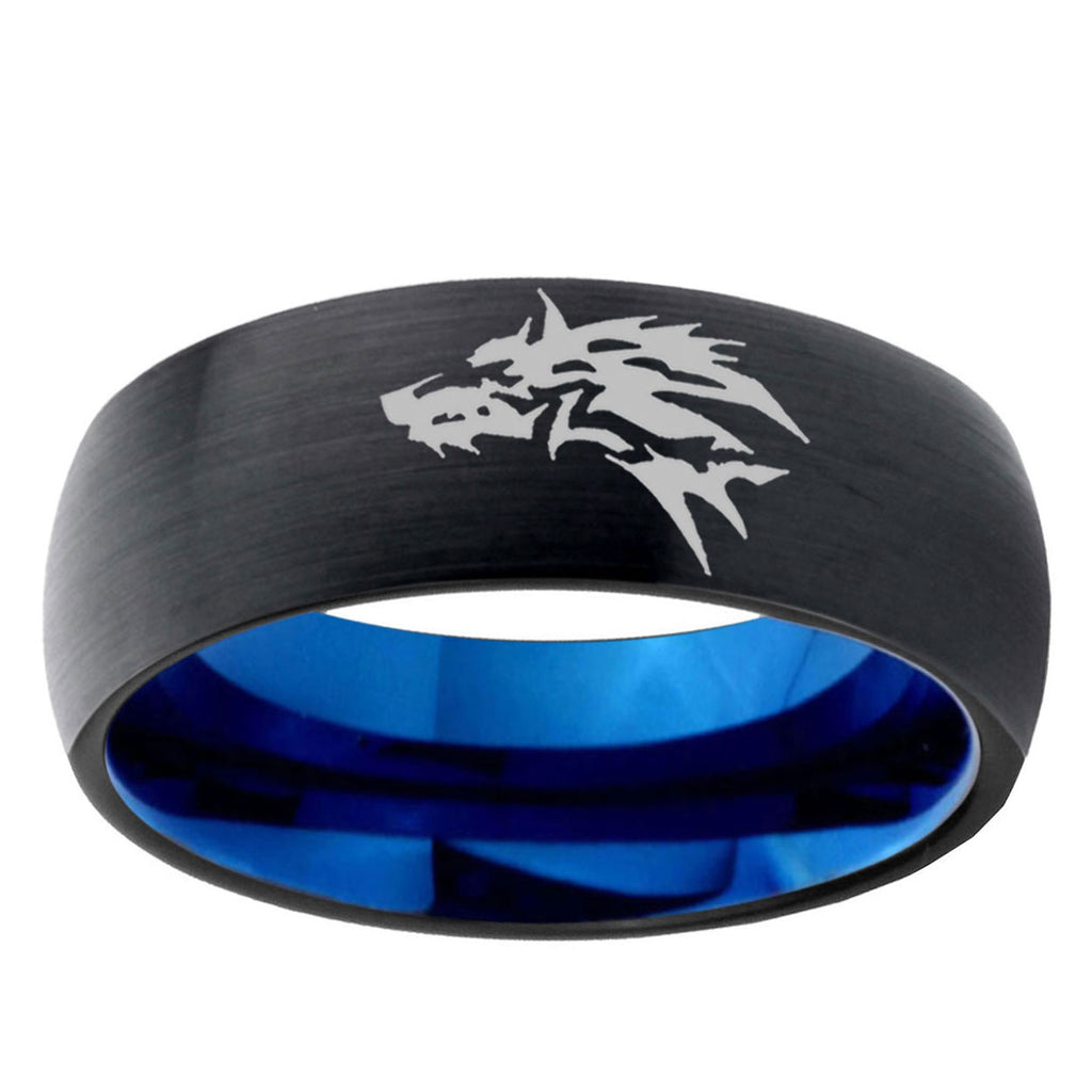 5mm Wolf Design Two-Tone Classic Dome Black Blue Tungsten Engraved Ring