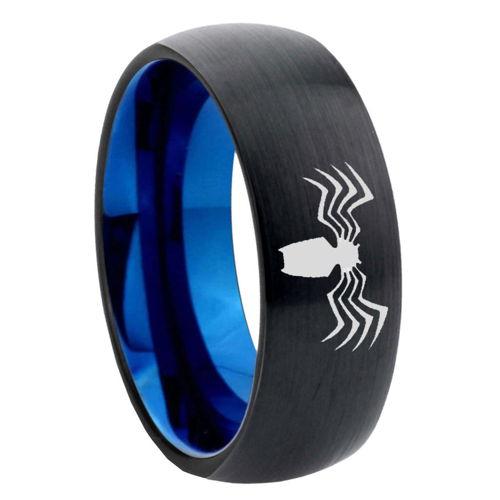 8mm Spider Two-Tone Classic Dome Black Blue Tungsten Engraved Ring