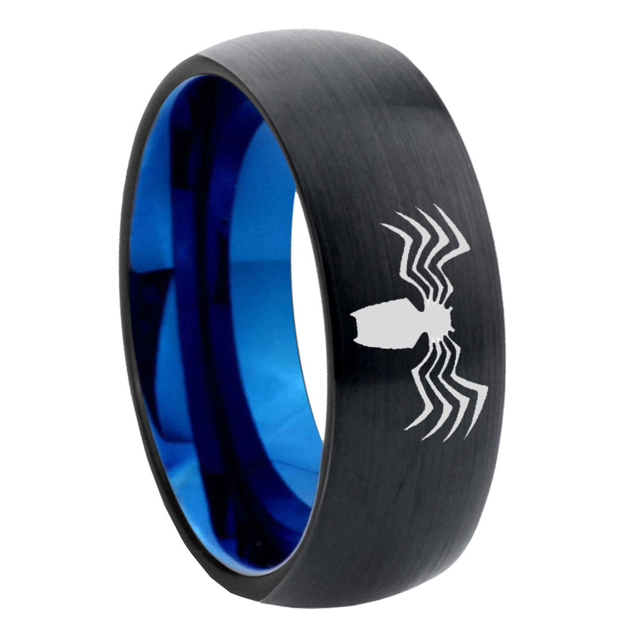 8mm Spider Two-Tone Classic Dome Black Blue Tungsten Engraved Ring