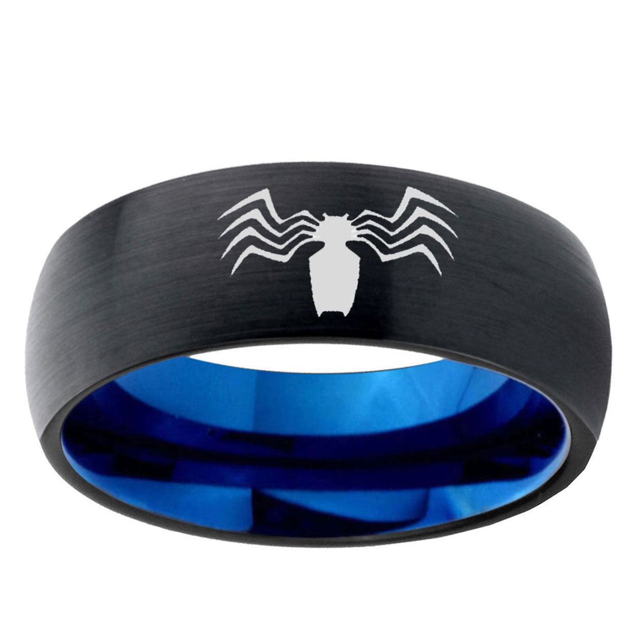 5mm Spider Two-Tone Classic Dome Black Blue Tungsten Engraved Ring