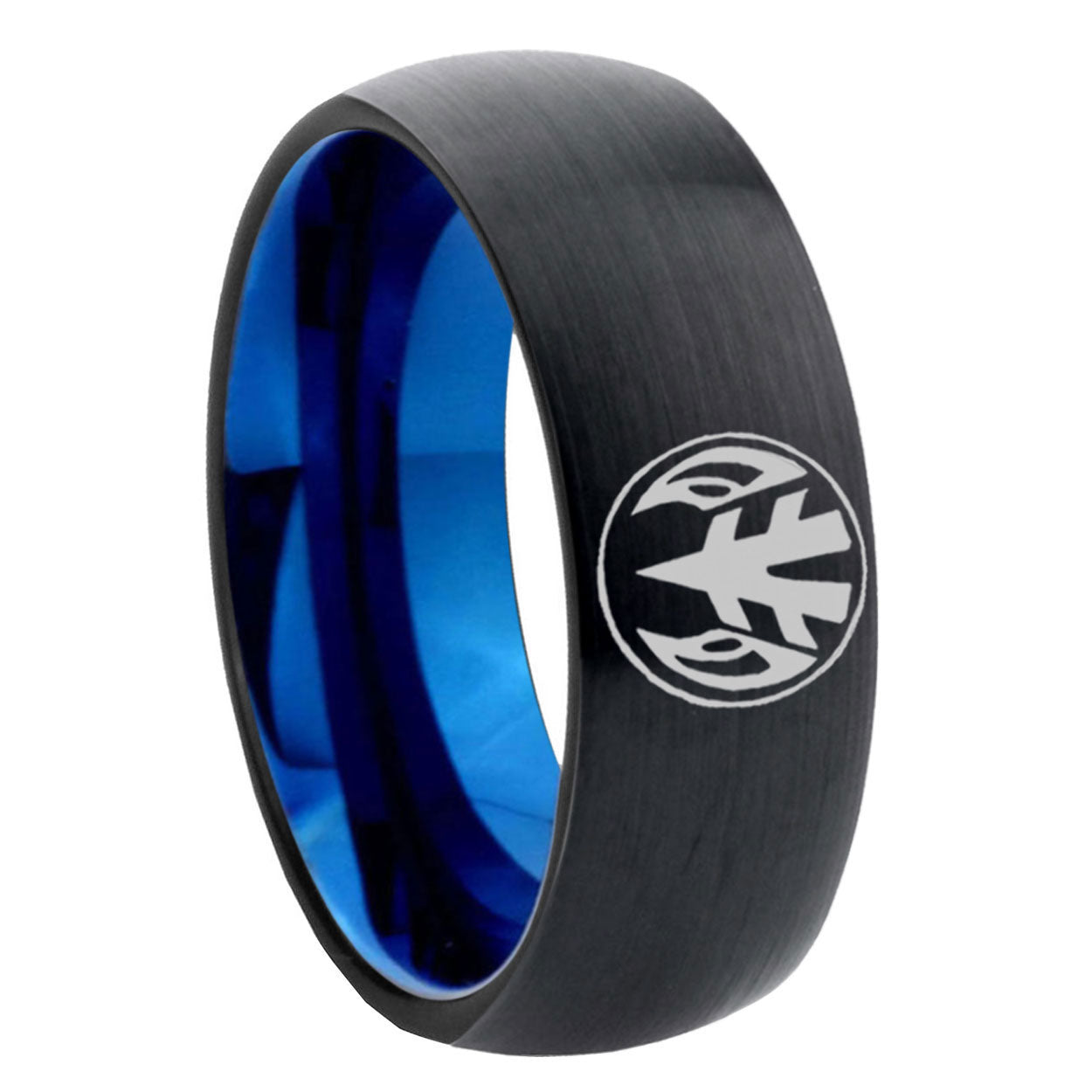 8mm Power Rangers Two-Tone Classic Dome Black Blue Tungsten Engraved Ring