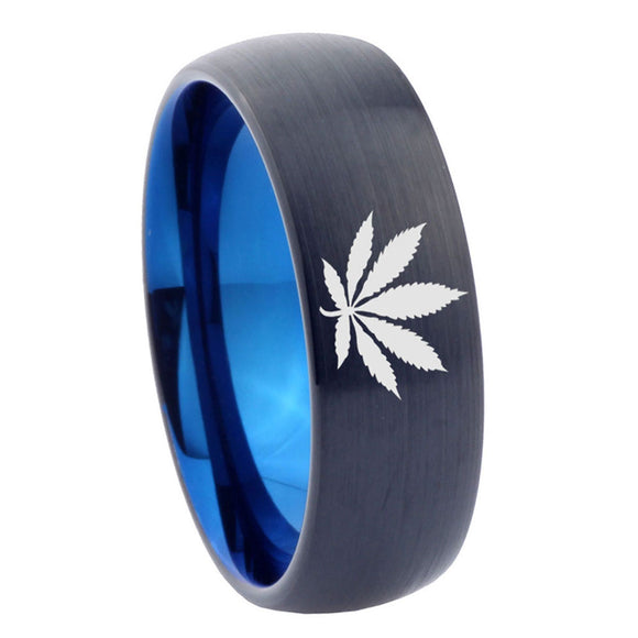 8mm Marijuana Leaf Dome Blue Black Mens Wedding Bands Tungsten