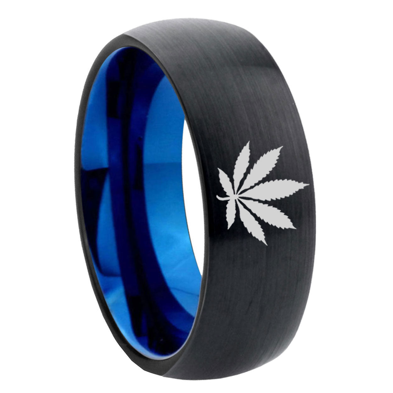 8mm Marijuana Leaf Two-Tone Classic Dome Black Blue Tungsten Engraved Ring