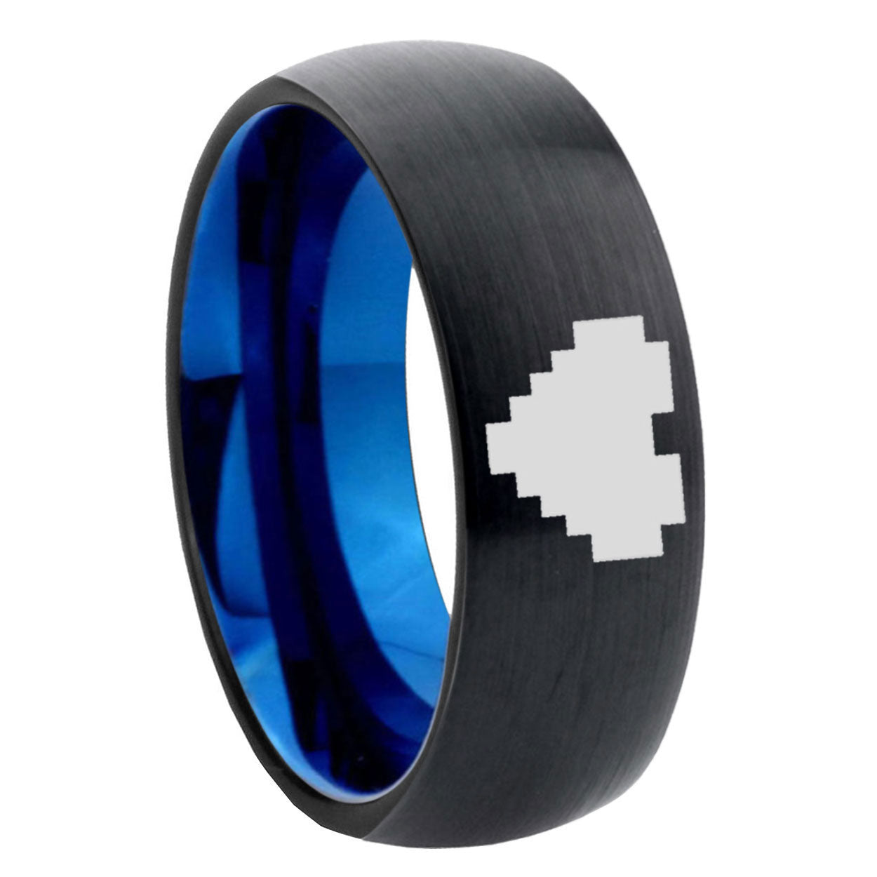 8mm Zelda Heart Two-Tone Classic Dome Black Blue Tungsten Engraved Ring