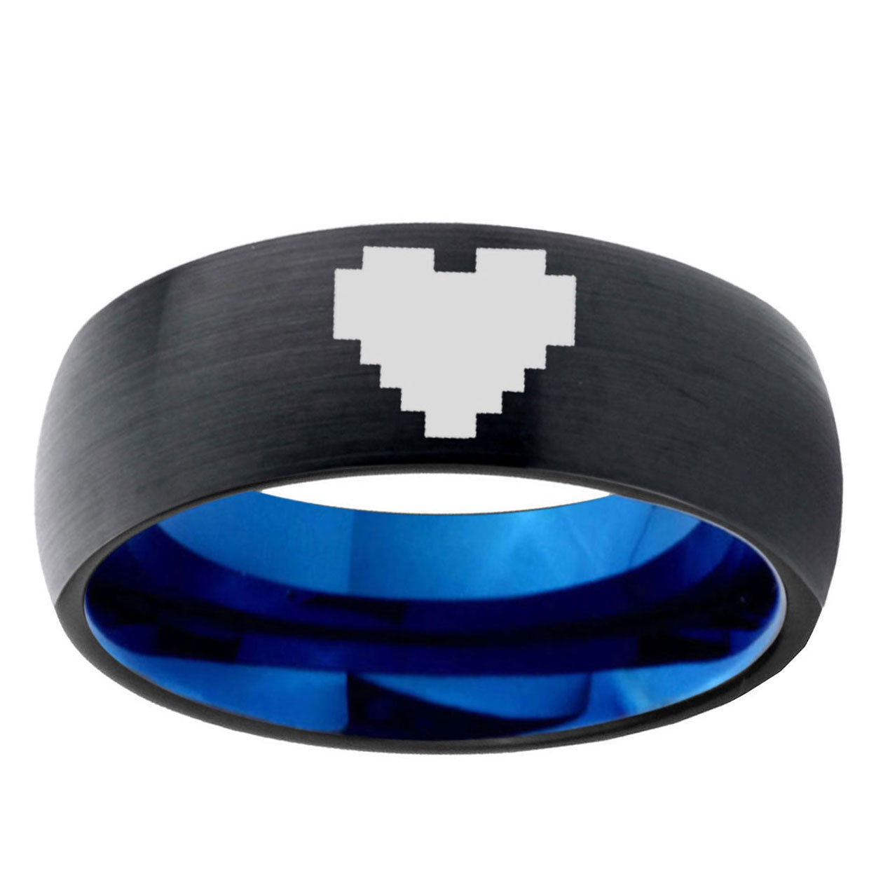 5mm Zelda Heart Two-Tone Classic Dome Black Blue Tungsten Engraved Ring