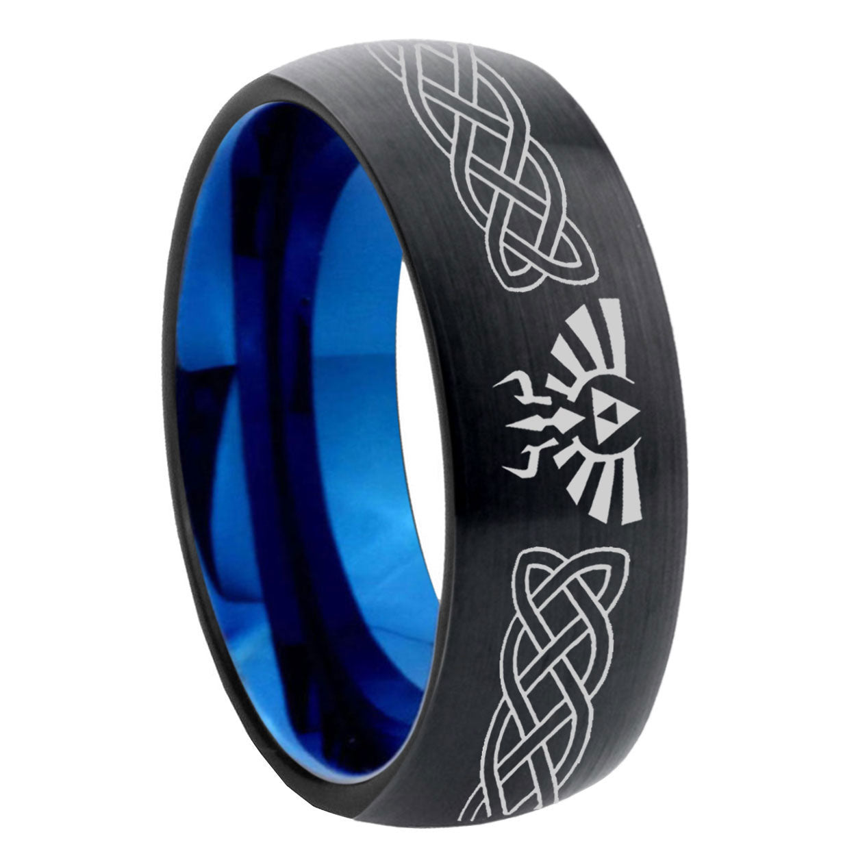 8mm Celtic Zelda Two-Tone Classic Dome Black Blue Tungsten Engraved Ring