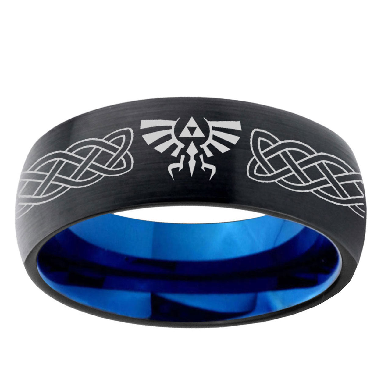5mm Celtic Zelda Two-Tone Classic Dome Black Blue Tungsten Engraved Ring