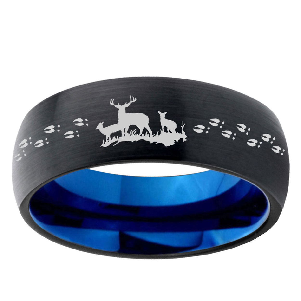 5mm Deer Hunting Two-Tone Classic Dome Black Blue Tungsten Engraved Ring