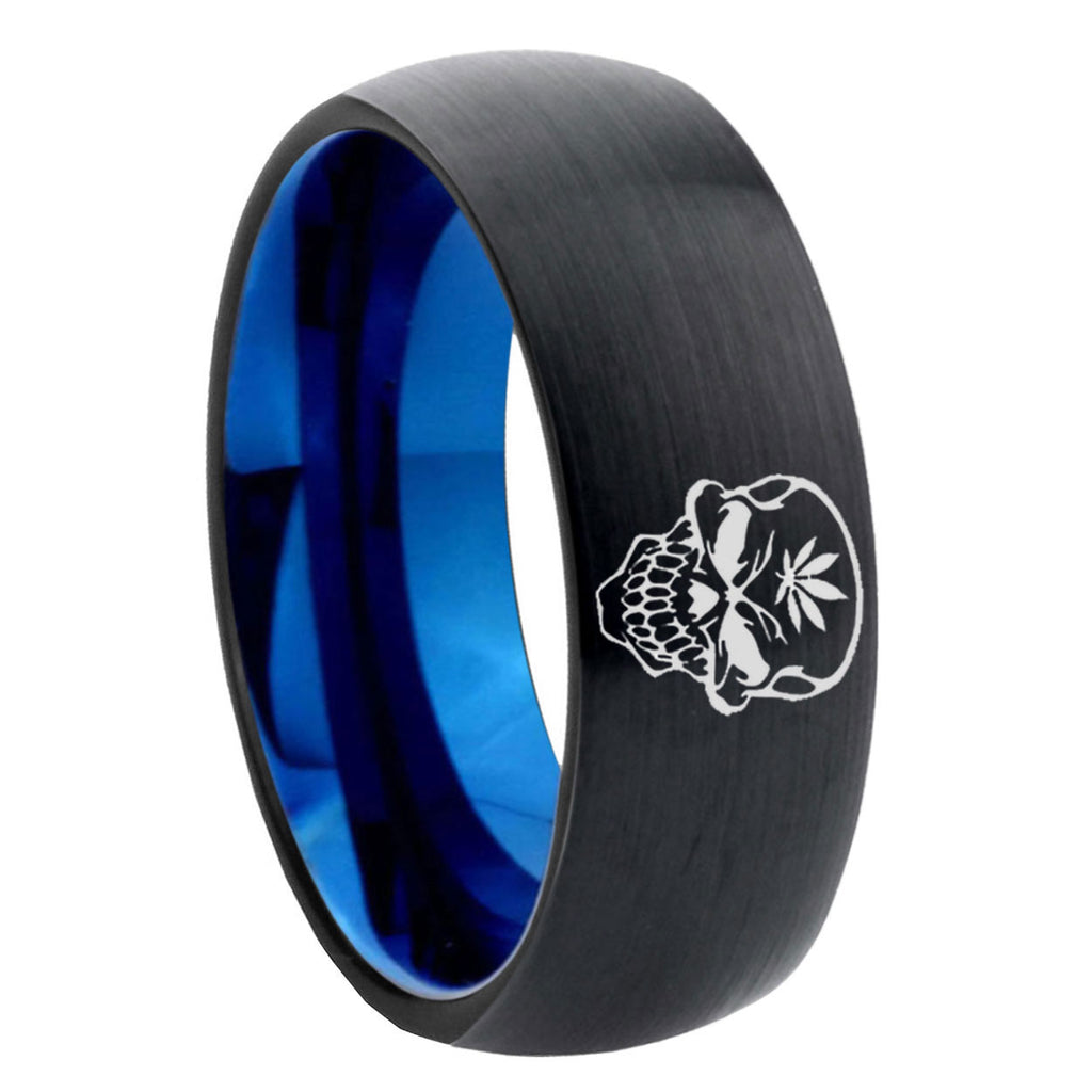 8mm Skull Marijuana Leaf Two-Tone Classic Dome Black Blue Tungsten Engraved Ring