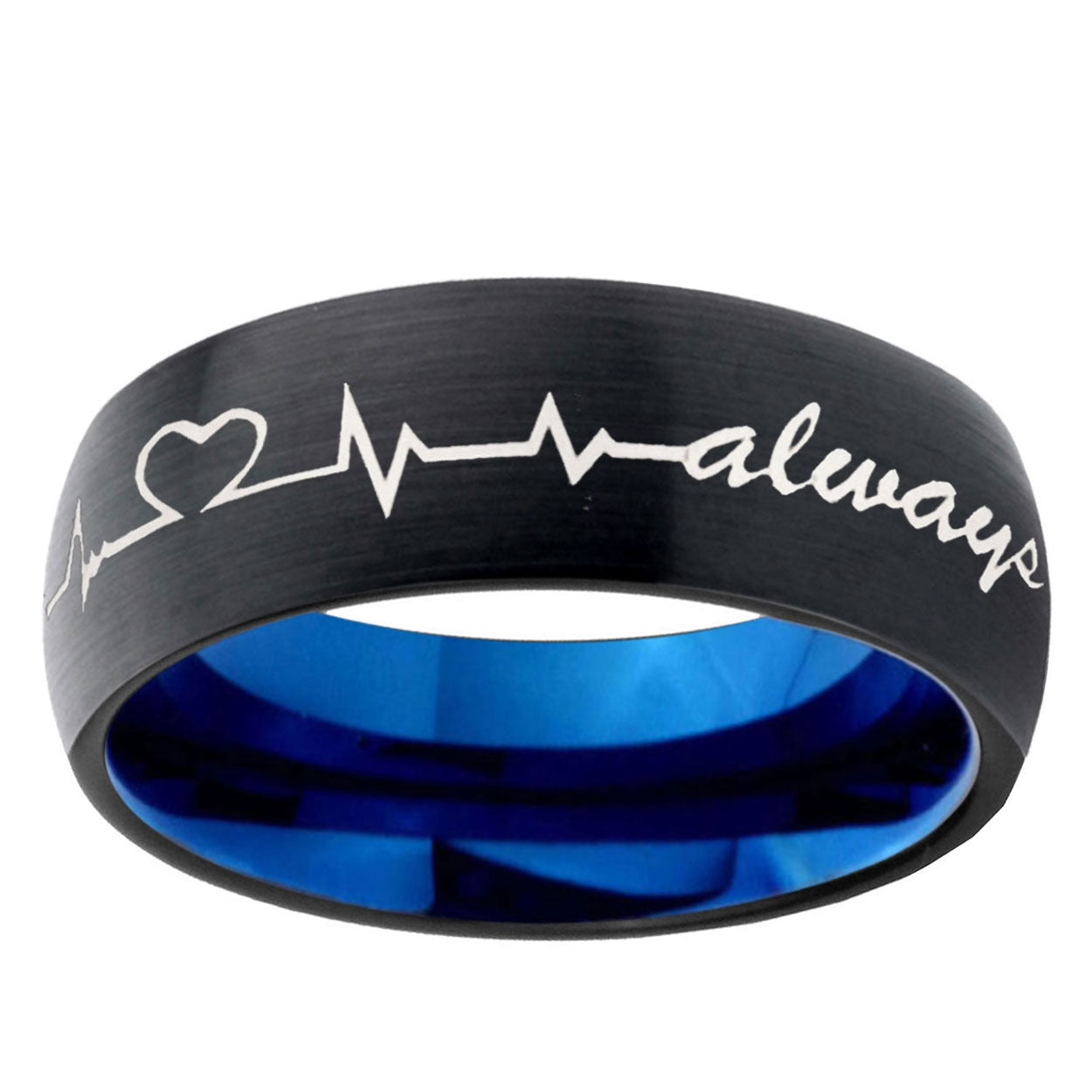 5mm Heart Beat forever Two-Tone Classic Dome Black Blue Tungsten Engraved Ring
