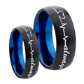 Heart Beat forever Heart always mores Dome Blue Tungsten Wedding Set Ring