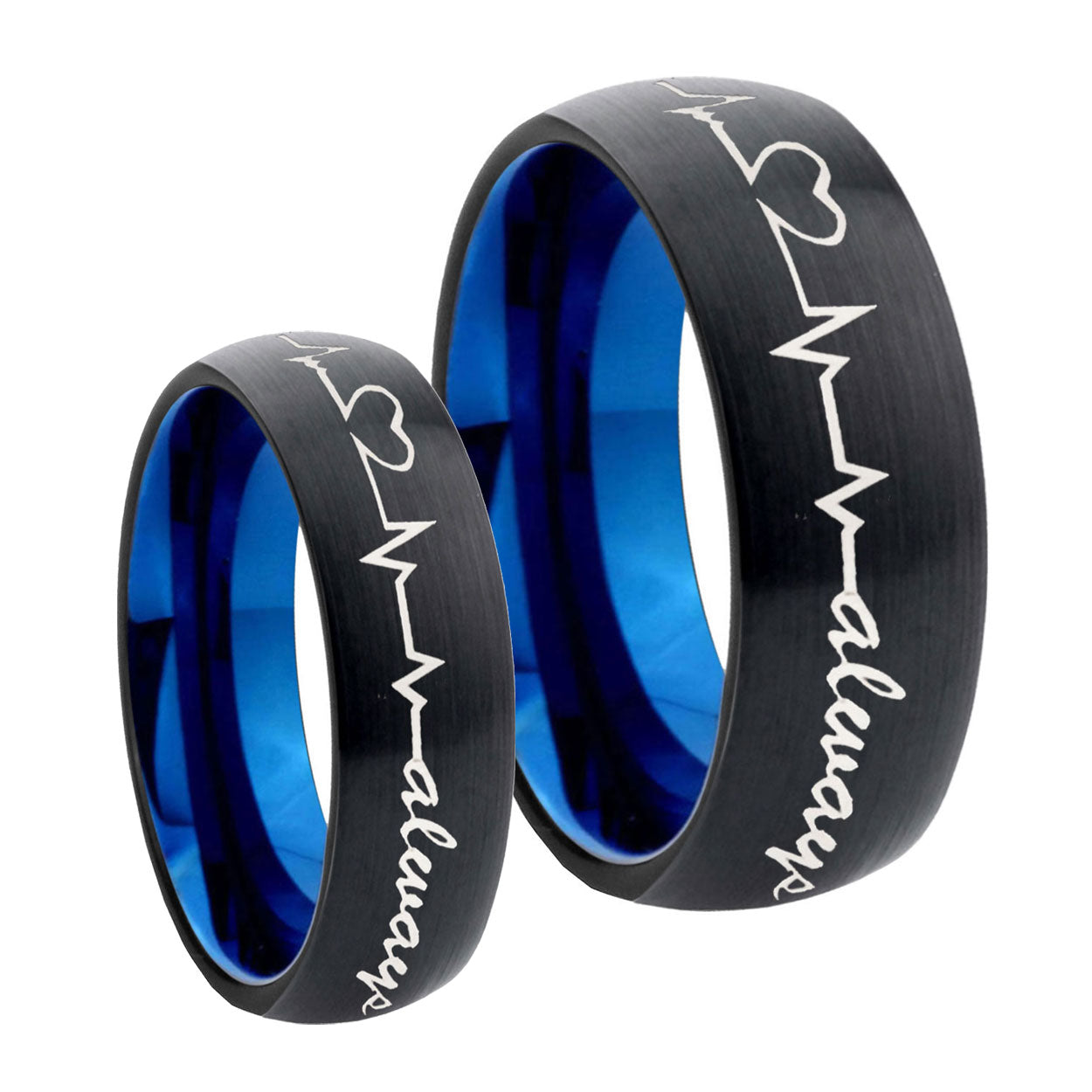 Heart Beat forever Heart always mores Dome Blue Tungsten Wedding Set Ring