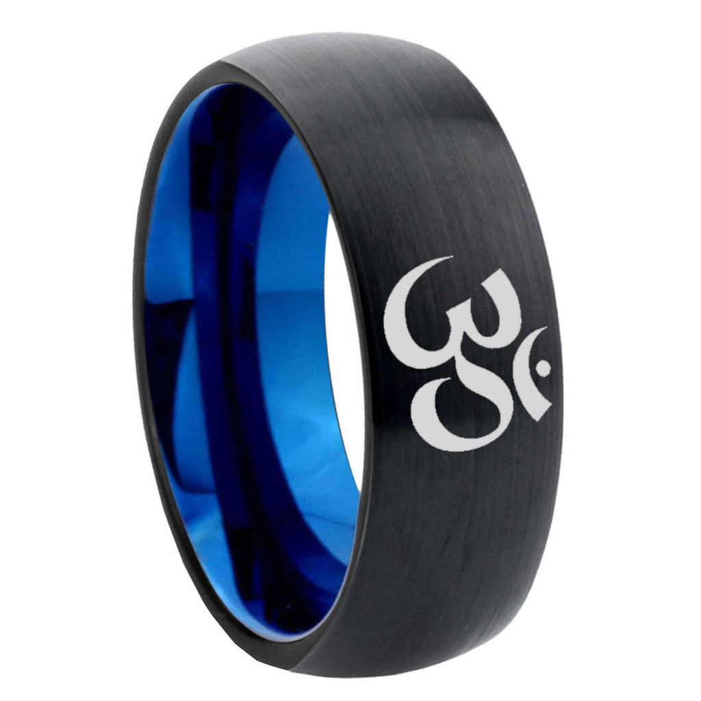 8mm Oma Aum Yoga Two-Tone Classic Dome Black Blue Tungsten Engraved Ring