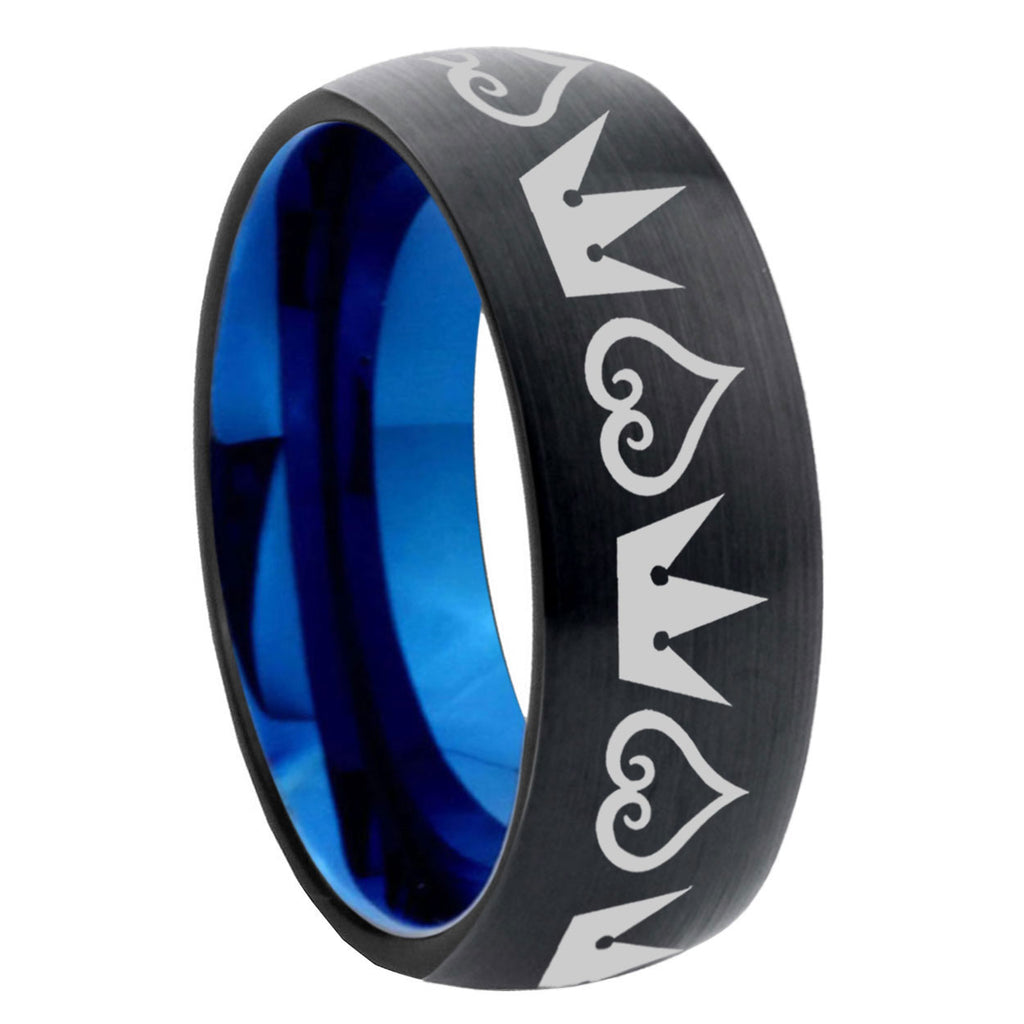 8mm Hearts and Crowns Two-Tone Classic Dome Black Blue Tungsten Engraved Ring