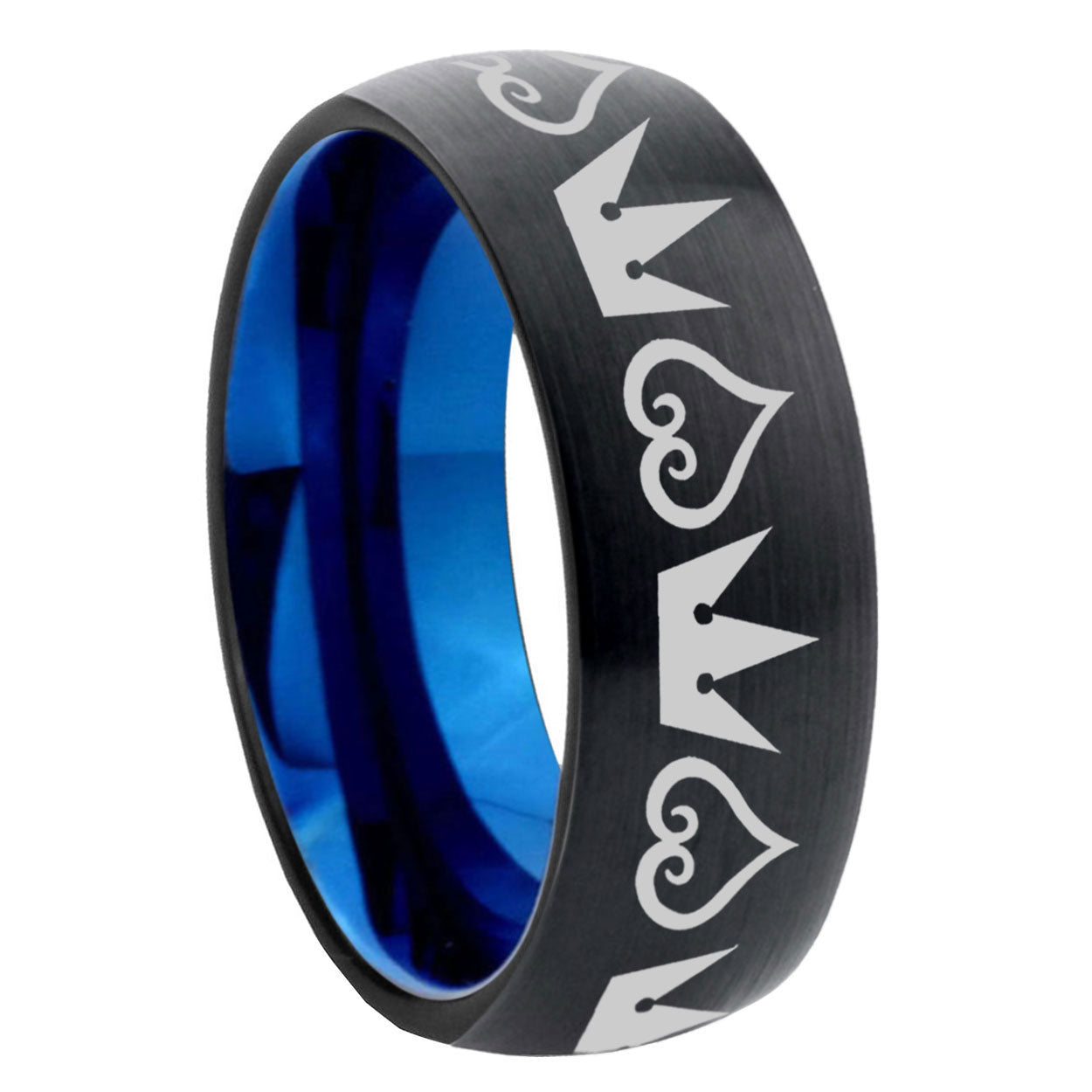 8mm Hearts and Crowns Two-Tone Classic Dome Black Blue Tungsten Engraved Ring