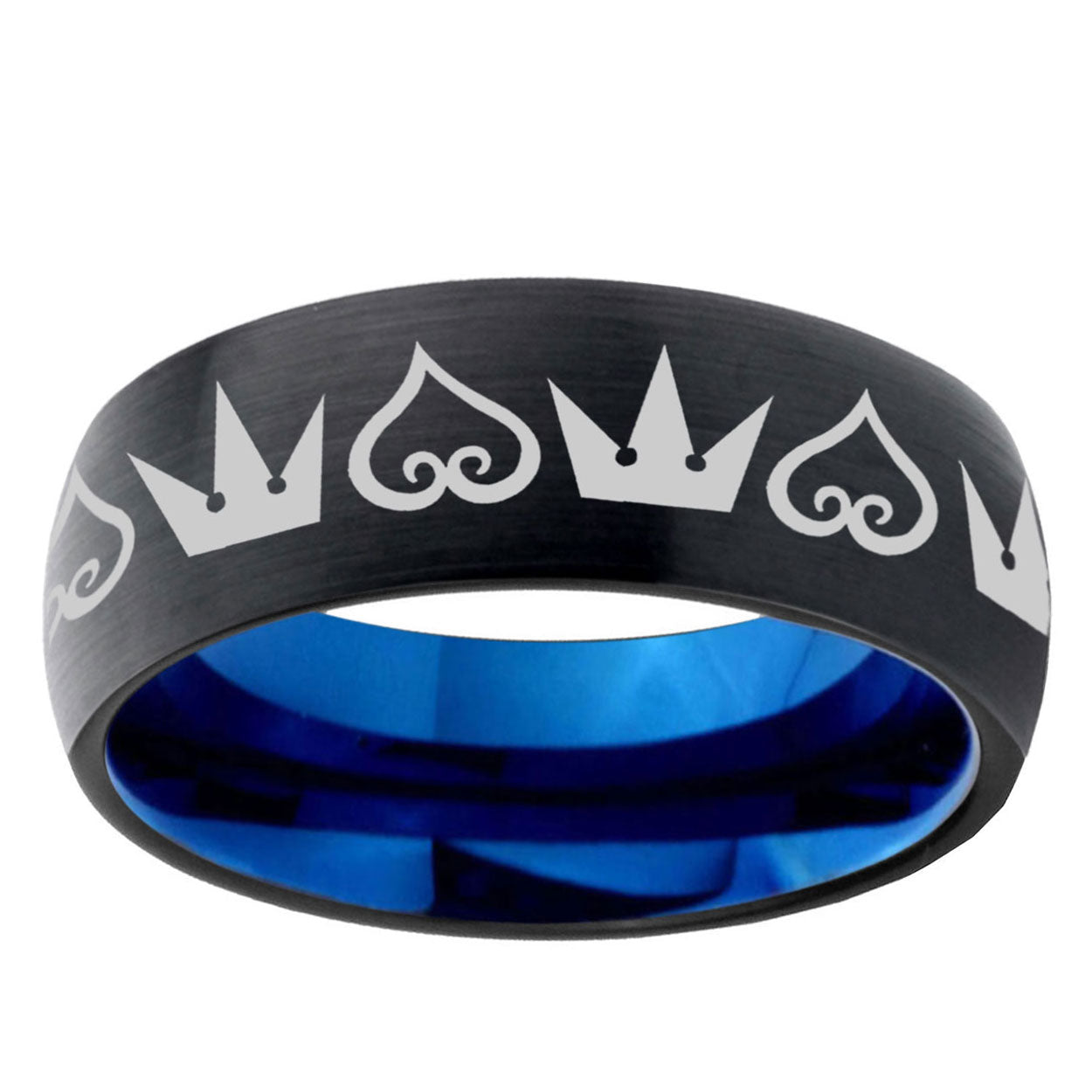5mm Hearts and Crowns Two-Tone Classic Dome Black Blue Tungsten Engraved Ring