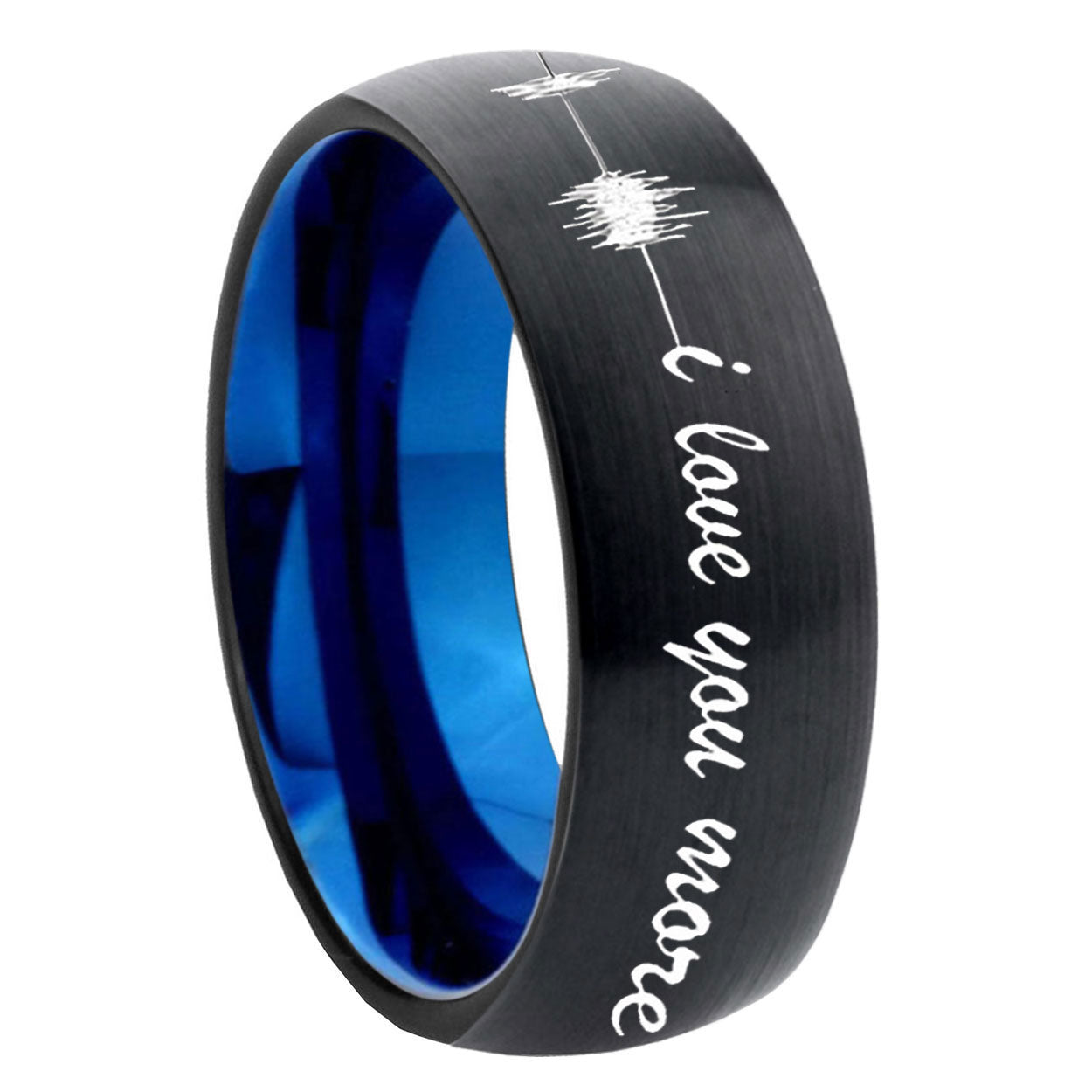 8mm Sound Wave I love you Two-Tone Classic Dome Black Blue Tungsten Engraved Ring