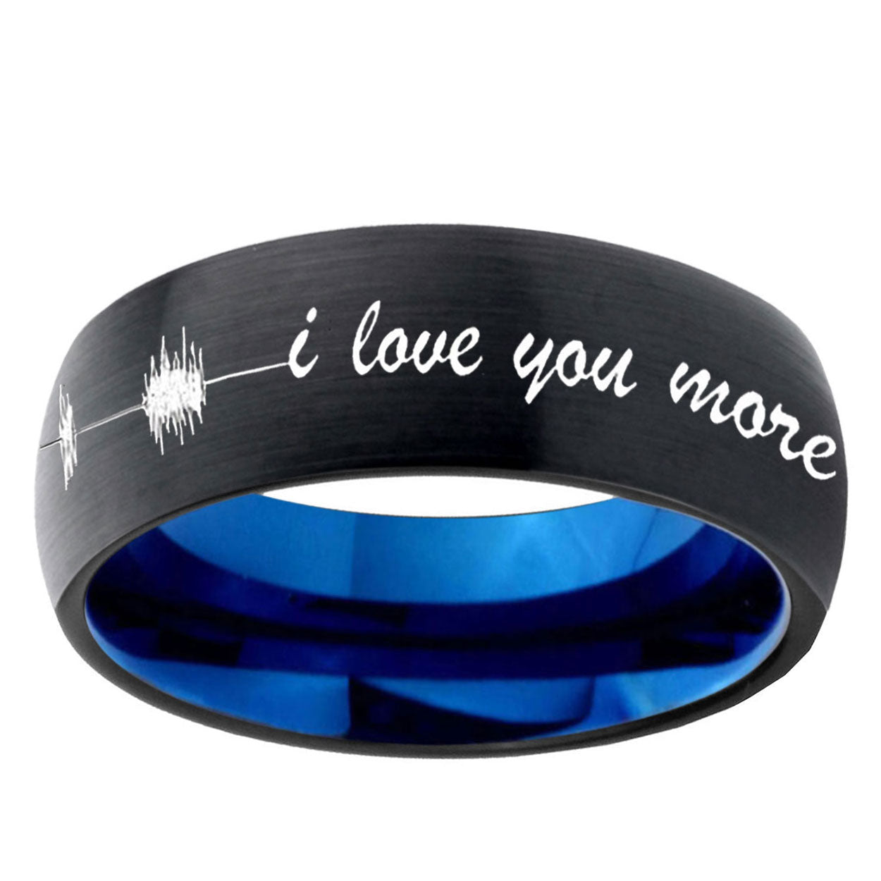 5mm Sound Wave I love you Two-Tone Classic Dome Black Blue Tungsten Engraved Ring