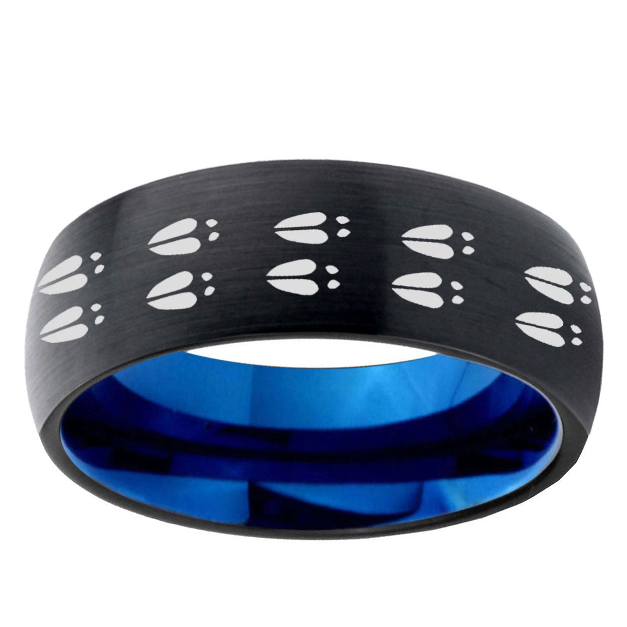 5mm Deer Tracks Two-Tone Classic Dome Black Blue Tungsten Engraved Ring