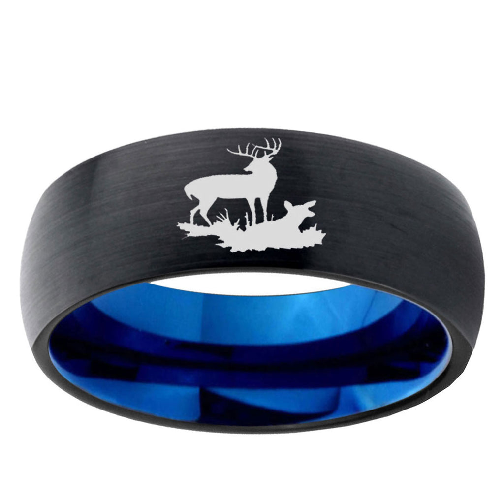 5mm Deer Hunting Two-Tone Classic Dome Black Blue Tungsten Engraved Ring