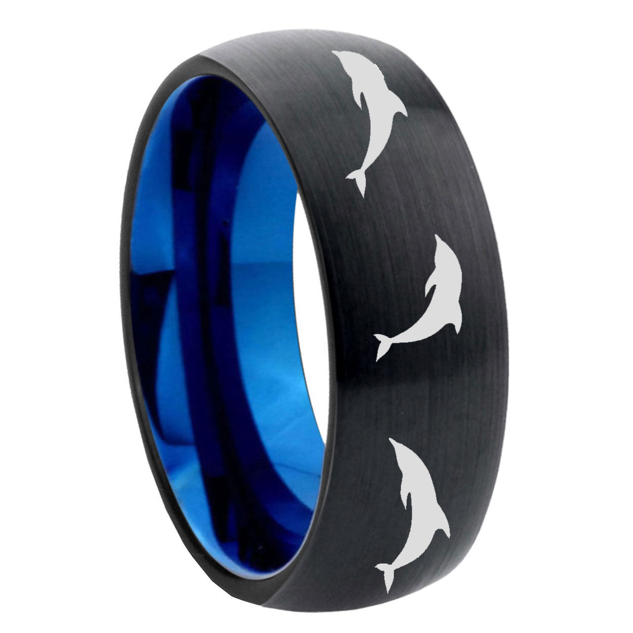 8mm Dolphins Two-Tone Classic Dome Black Blue Tungsten Engraved Ring