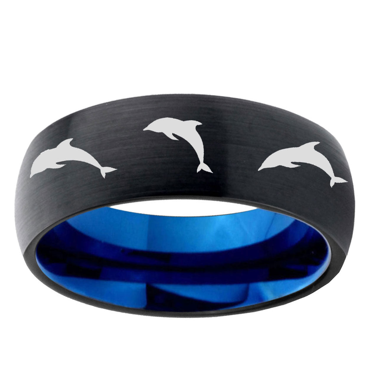 5mm Dolphins Two-Tone Classic Dome Black Blue Tungsten Engraved Ring