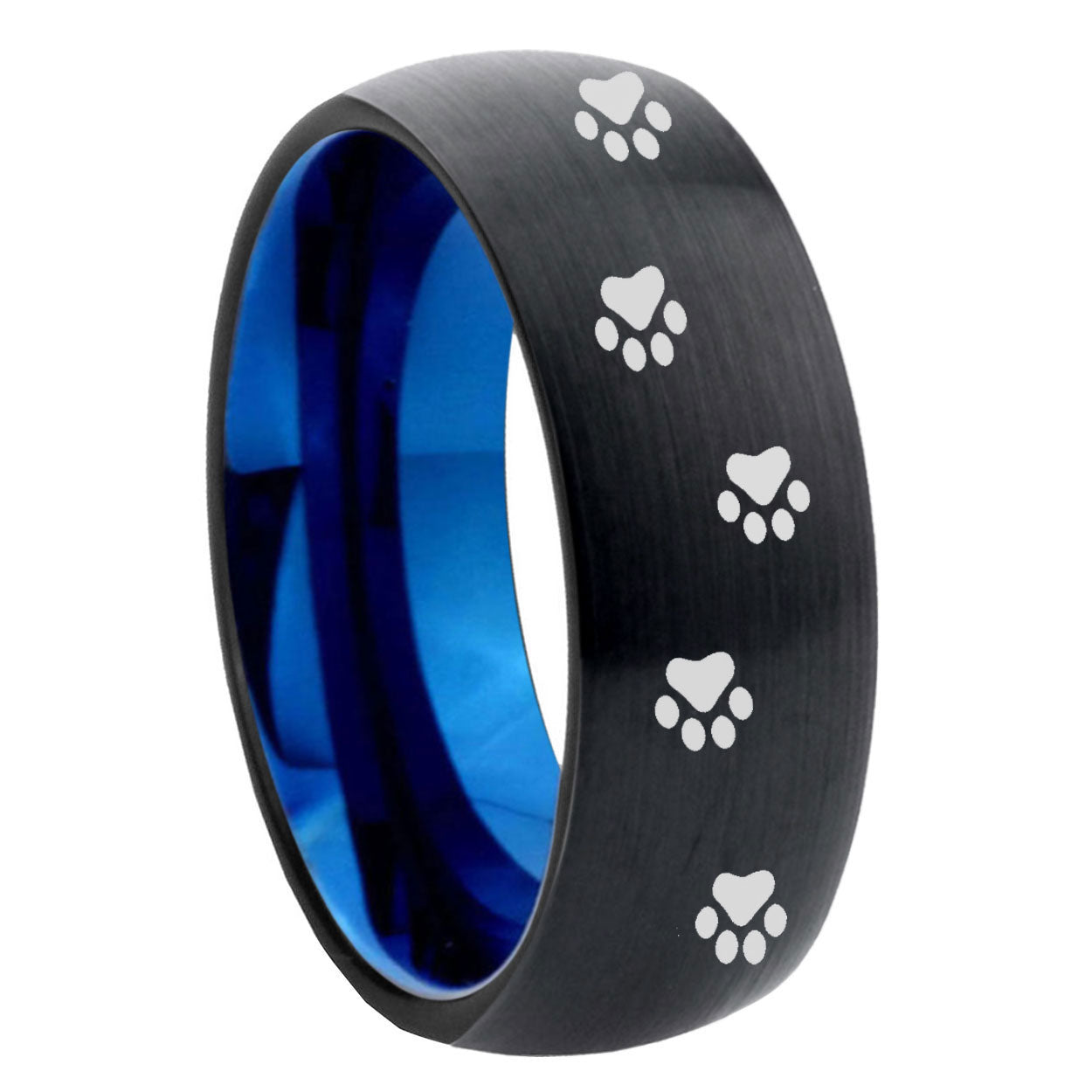 8mm Paw Print Two-Tone Classic Dome Black Blue Tungsten Engraved Ring