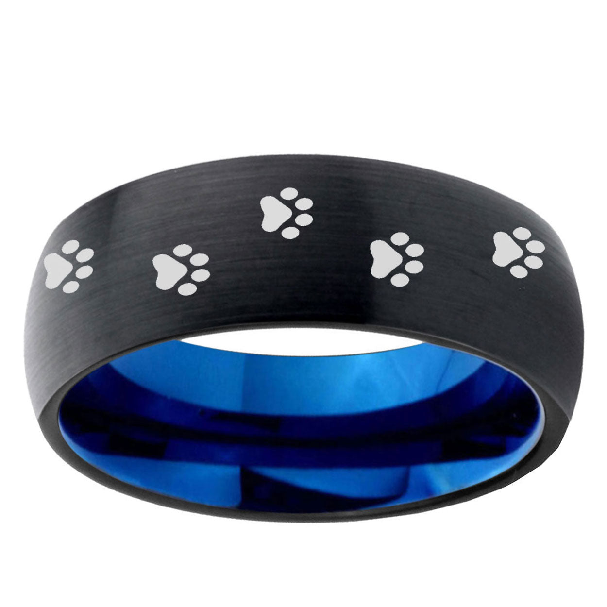 5mm Paw Print Two-Tone Classic Dome Black Blue Tungsten Engraved Ring