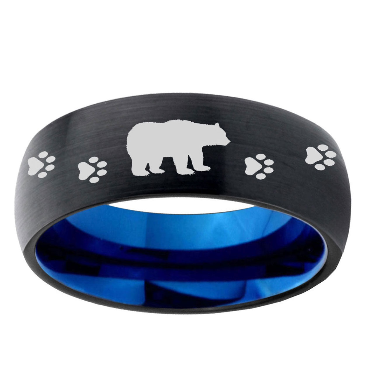 5mm Bear and Paw Two-Tone Classic Dome Black Blue Tungsten Engraved Ring