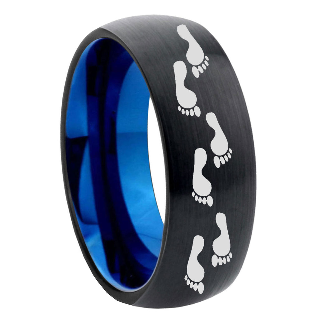 8mm Foot Print Two-Tone Classic Dome Black Blue Tungsten Engraved Ring