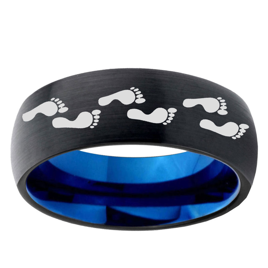 5mm Foot Print Two-Tone Classic Dome Black Blue Tungsten Engraved Ring
