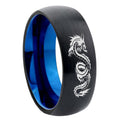 8mm Dragon Symbol Two-Tone Classic Dome Black Blue Tungsten Engraved Ring