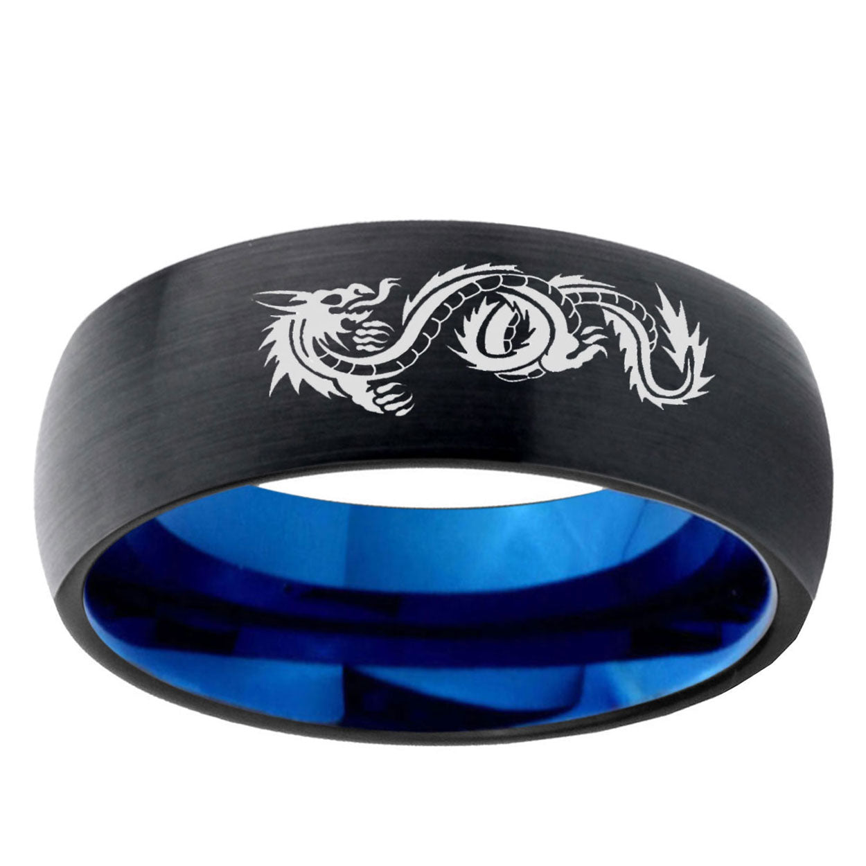 5mm Dragon Symbol Two-Tone Classic Dome Black Blue Tungsten Engraved Ring