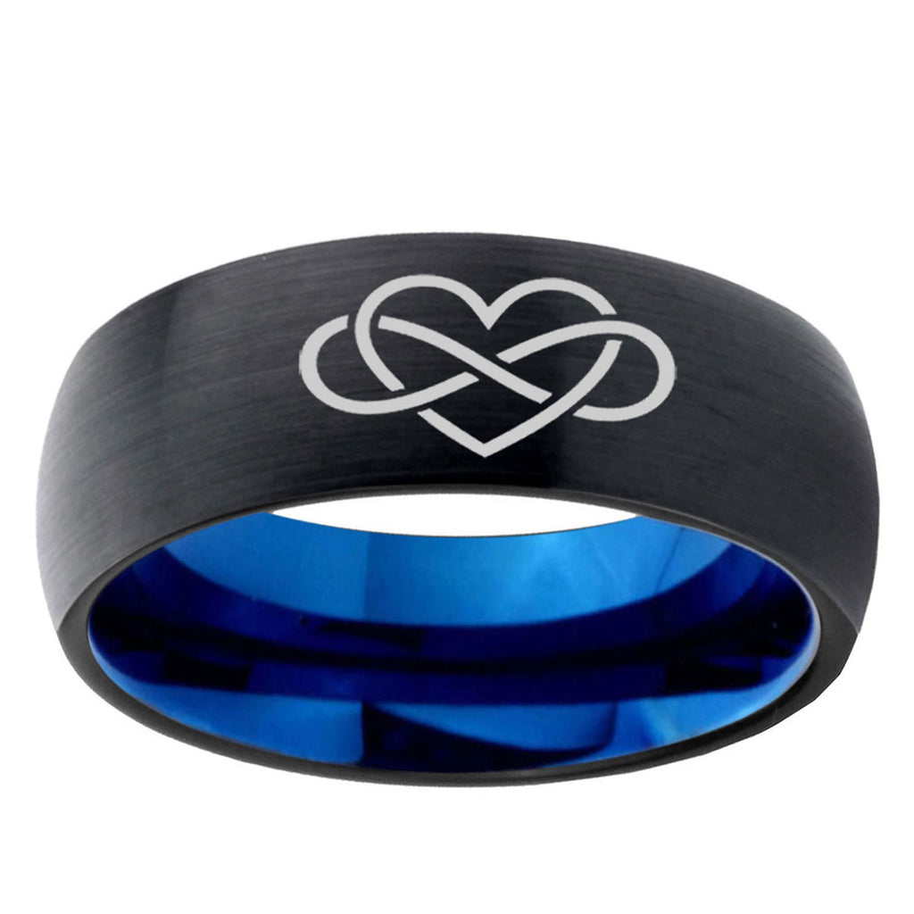 5mm Infinity Heart Two-Tone Classic Dome Black Blue Tungsten Engraved Ring