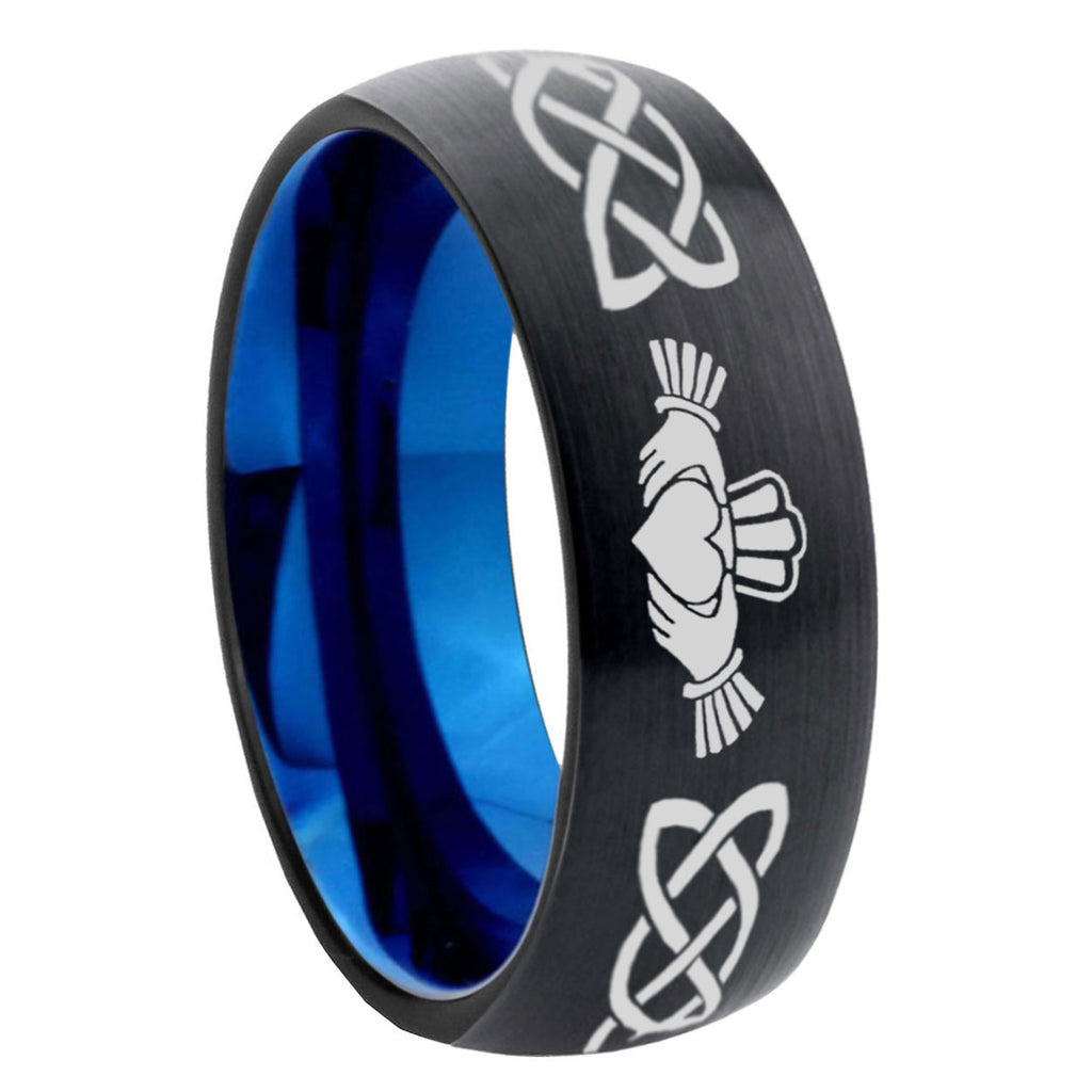 8mm Irish Claddagh Two-Tone Classic Dome Black Blue Tungsten Engraved Ring