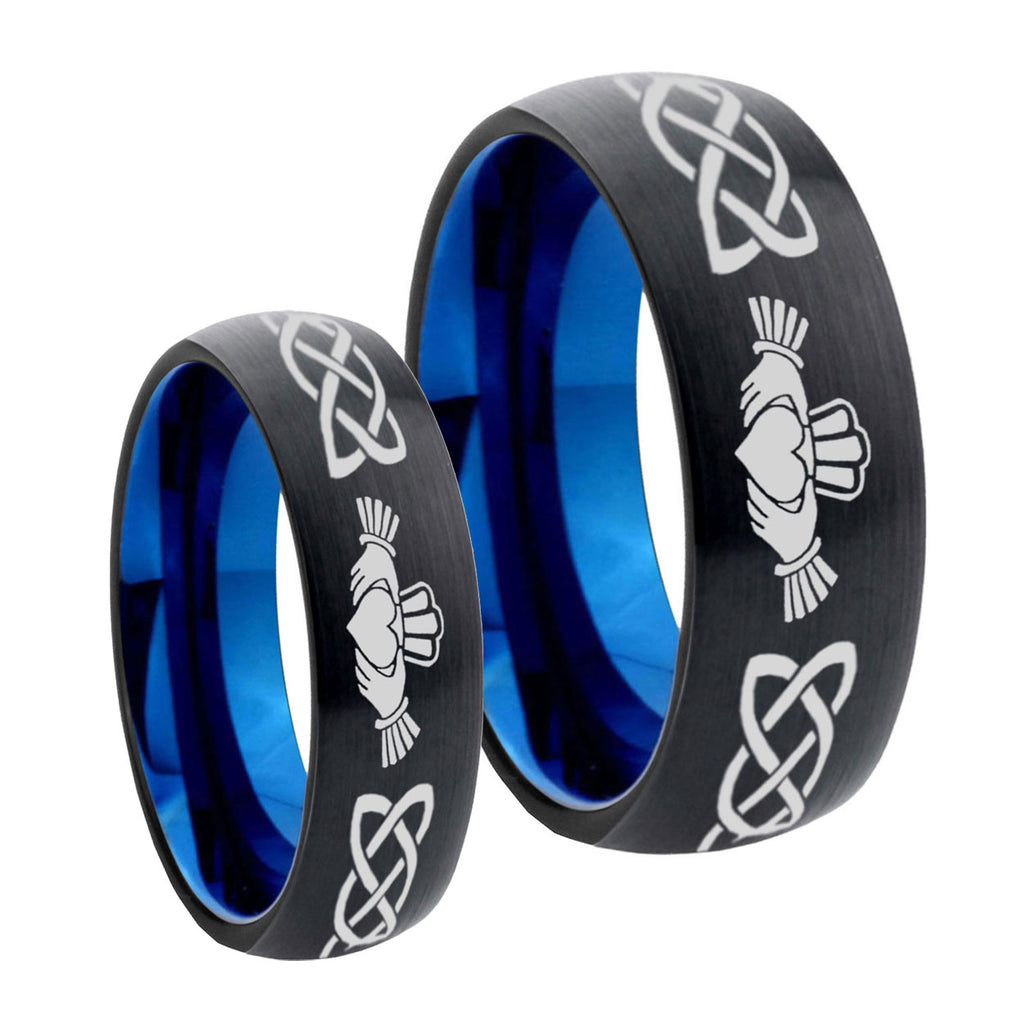 Irish Claddagh Dome Blue Tungsten His Hers Set Rings