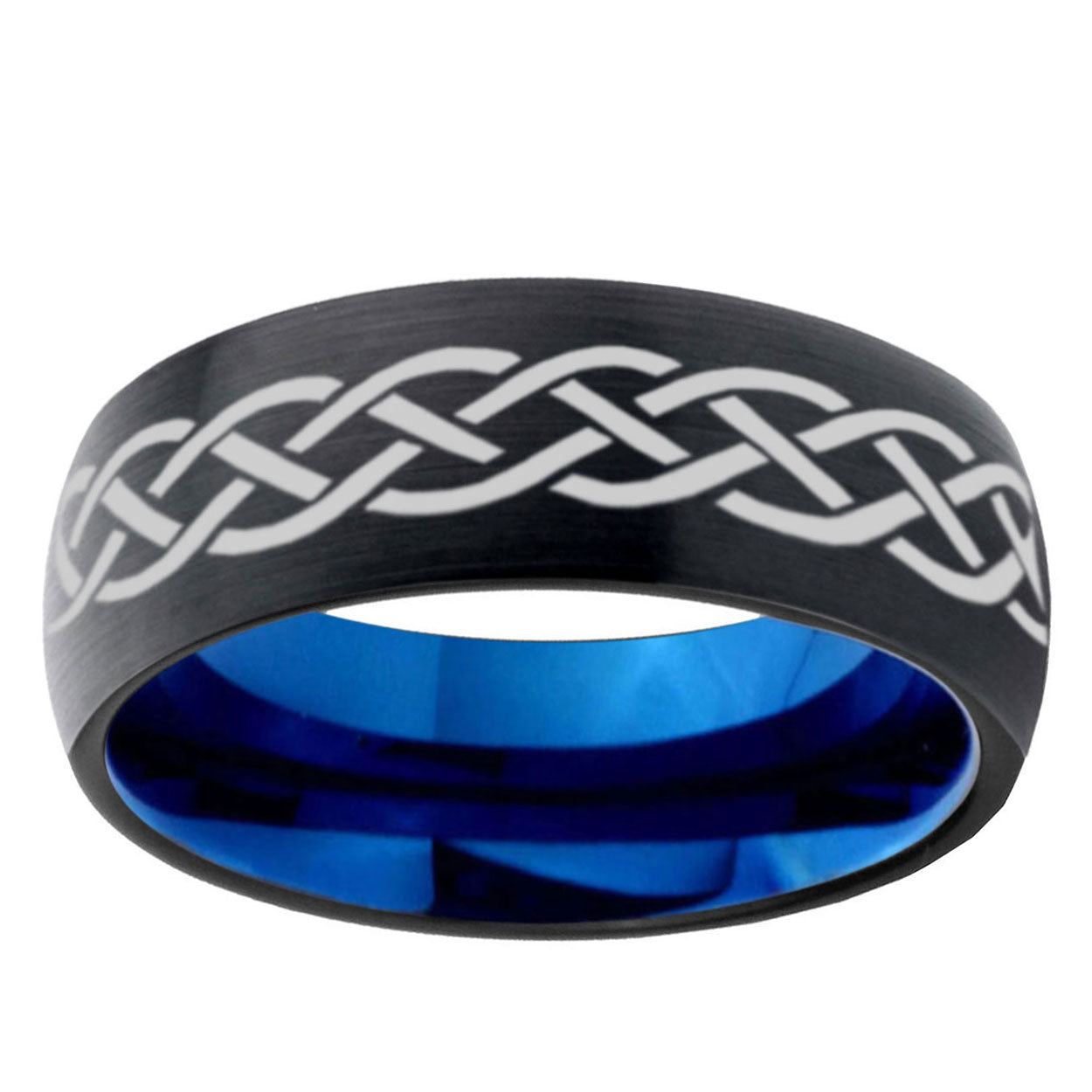 5mm Celtic Knot Symbol Two-Tone Classic Dome Black Blue Tungsten Engraved Ring