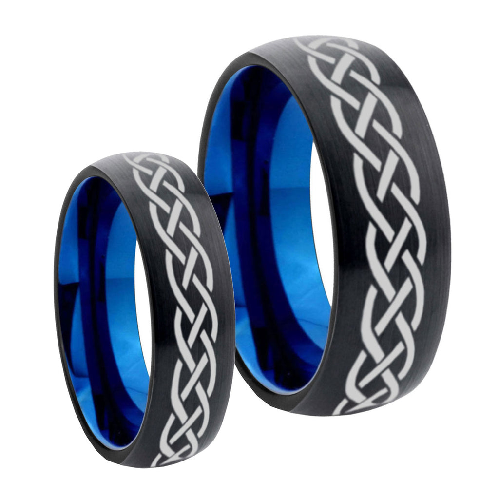 Celtic Knots Dome Blue Tungsten Bridal Set Rings