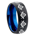 8mm Masonic Square and Compass Two-Tone Classic Dome Black Blue Tungsten Engraved Ring