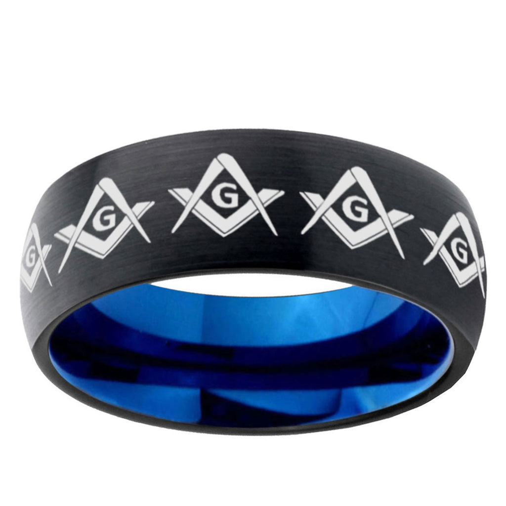 10mm Masonic Square and Compass Dome Tungsten Carbide Blue Engagement Ring