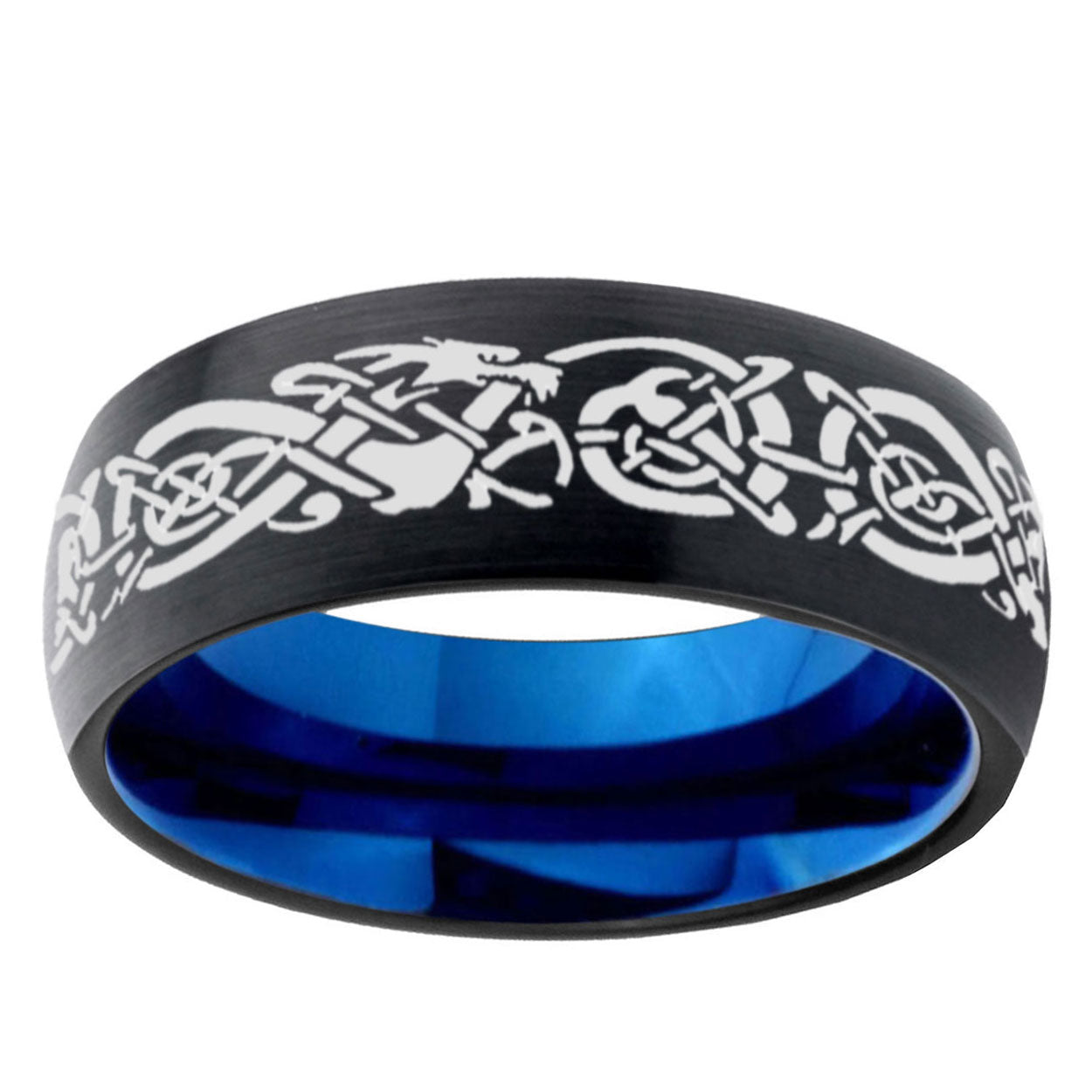 5mm Celtic Knot Dragon Two-Tone Classic Dome Black Blue Tungsten Engraved Ring