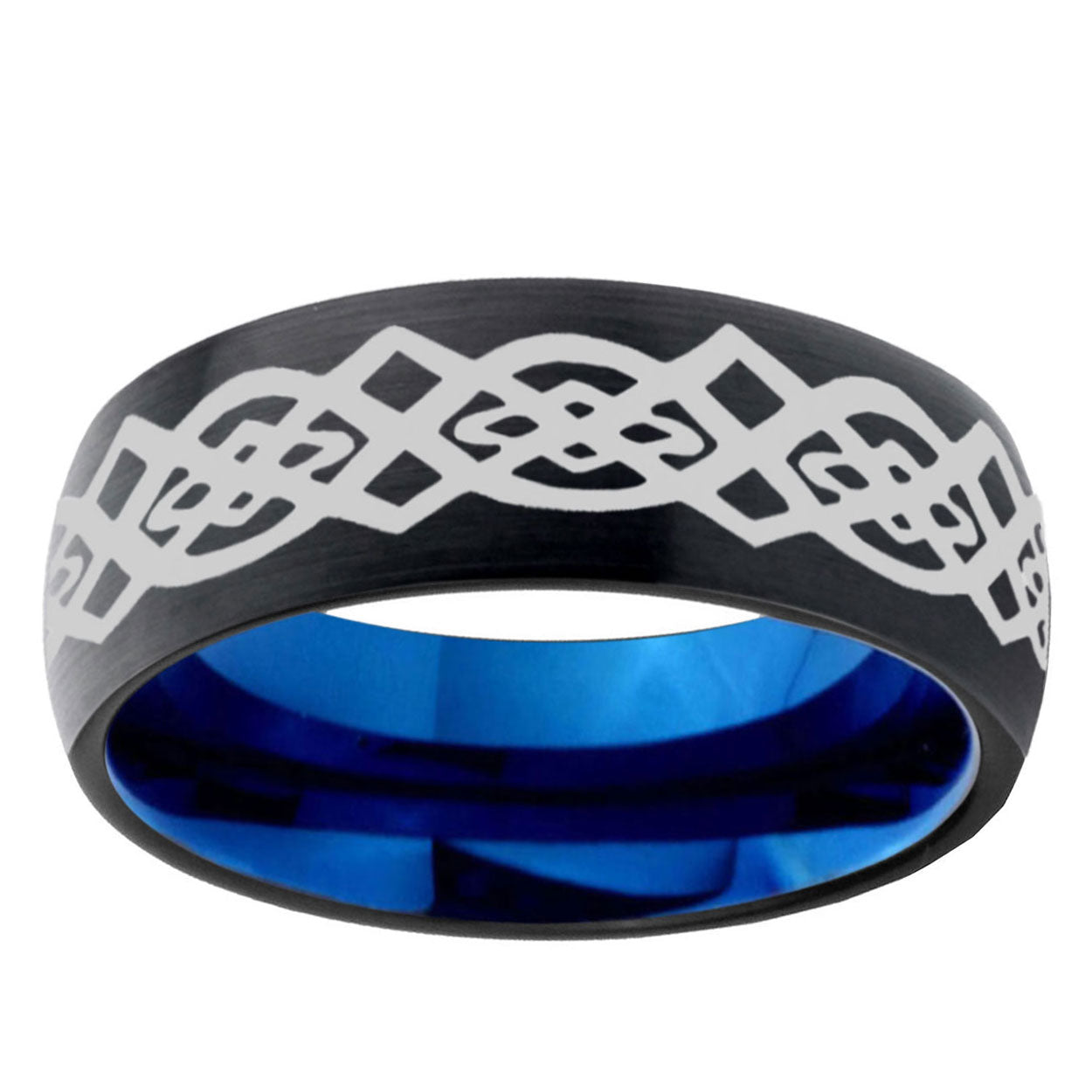 5mm Celtic Knot Design Two-Tone Classic Dome Black Blue Tungsten Engraved Ring