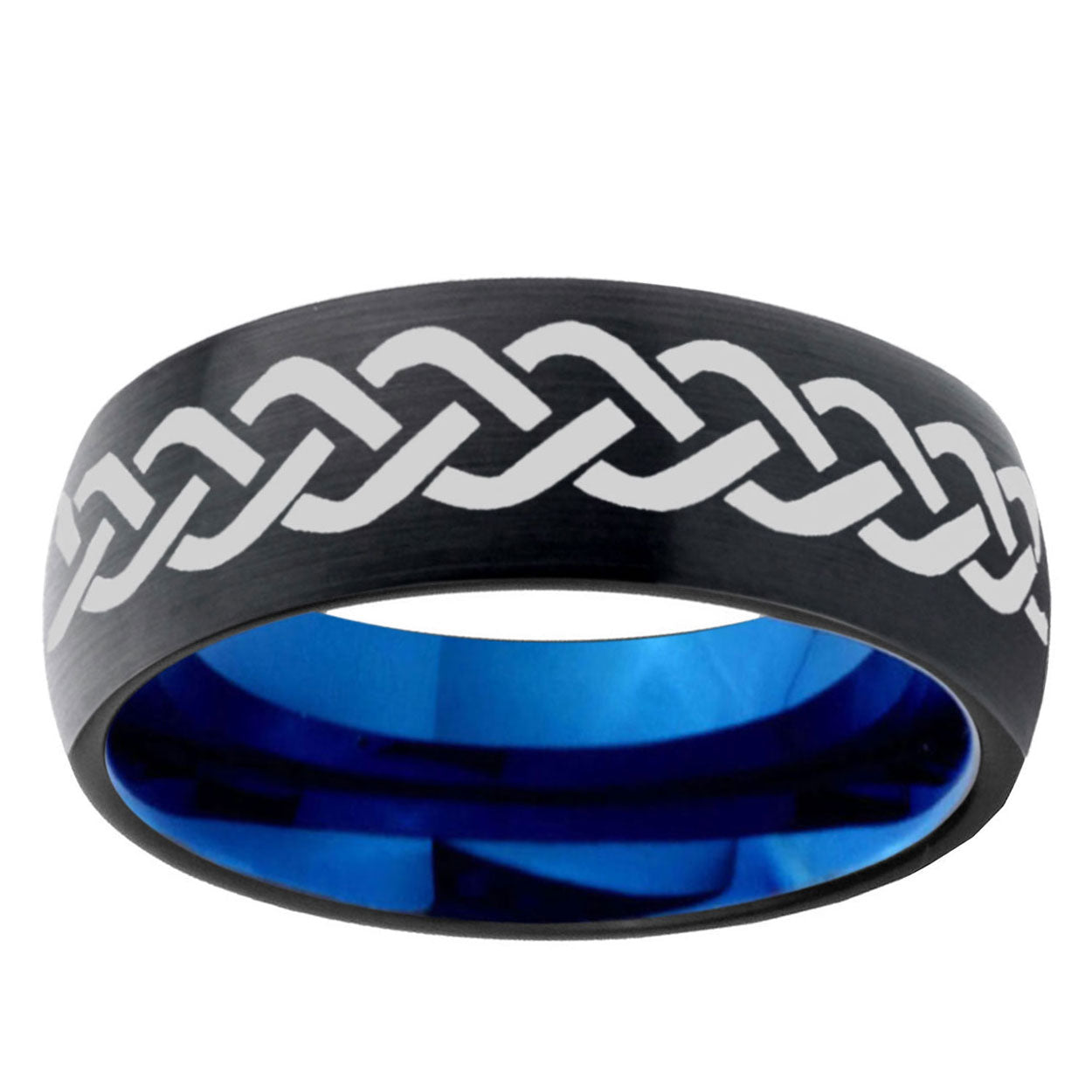 5mm Laser Celtic Knot Two-Tone Classic Dome Black Blue Tungsten Engraved Ring