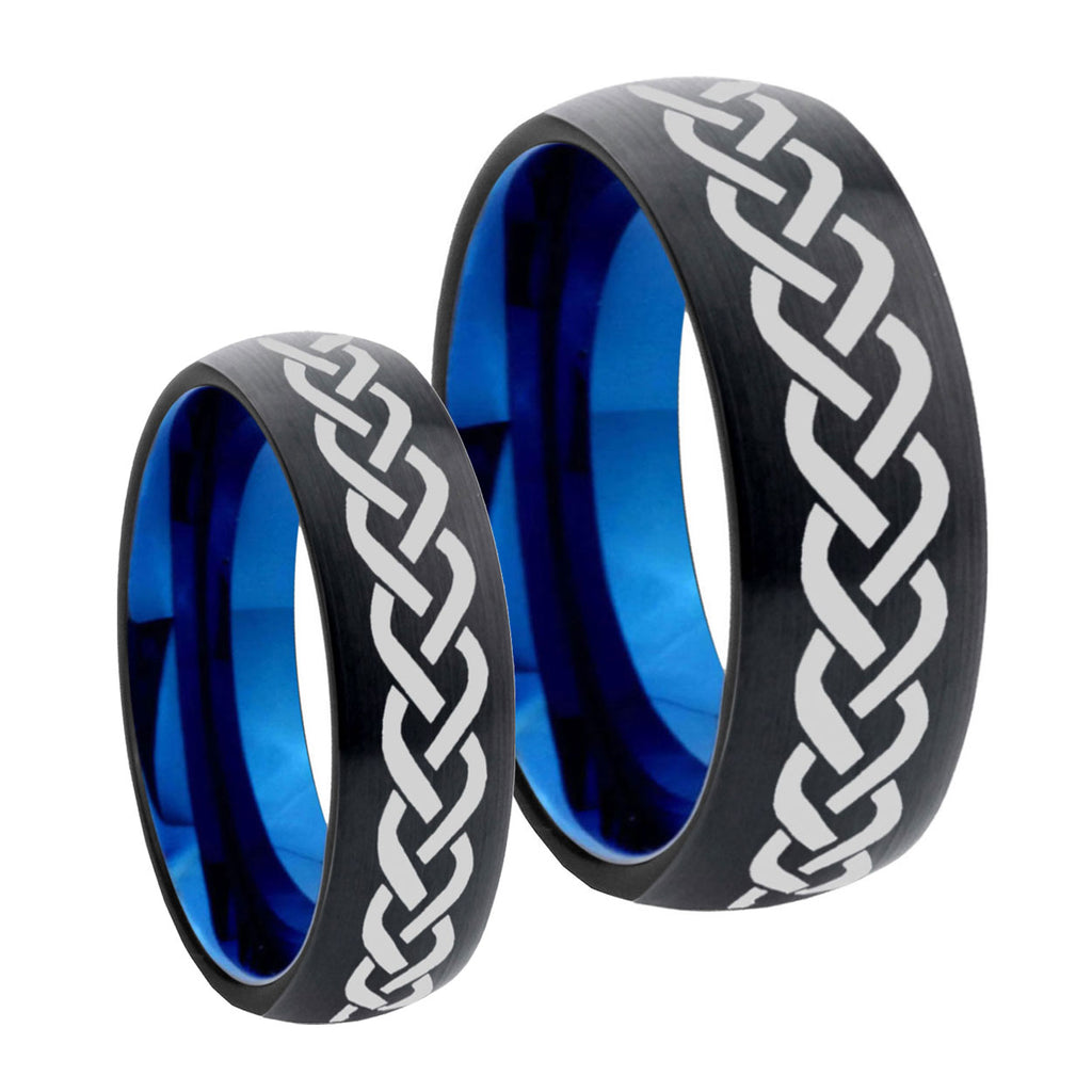 Laser Celtic Knots Dome Blue Tungsten Matching Ring Set