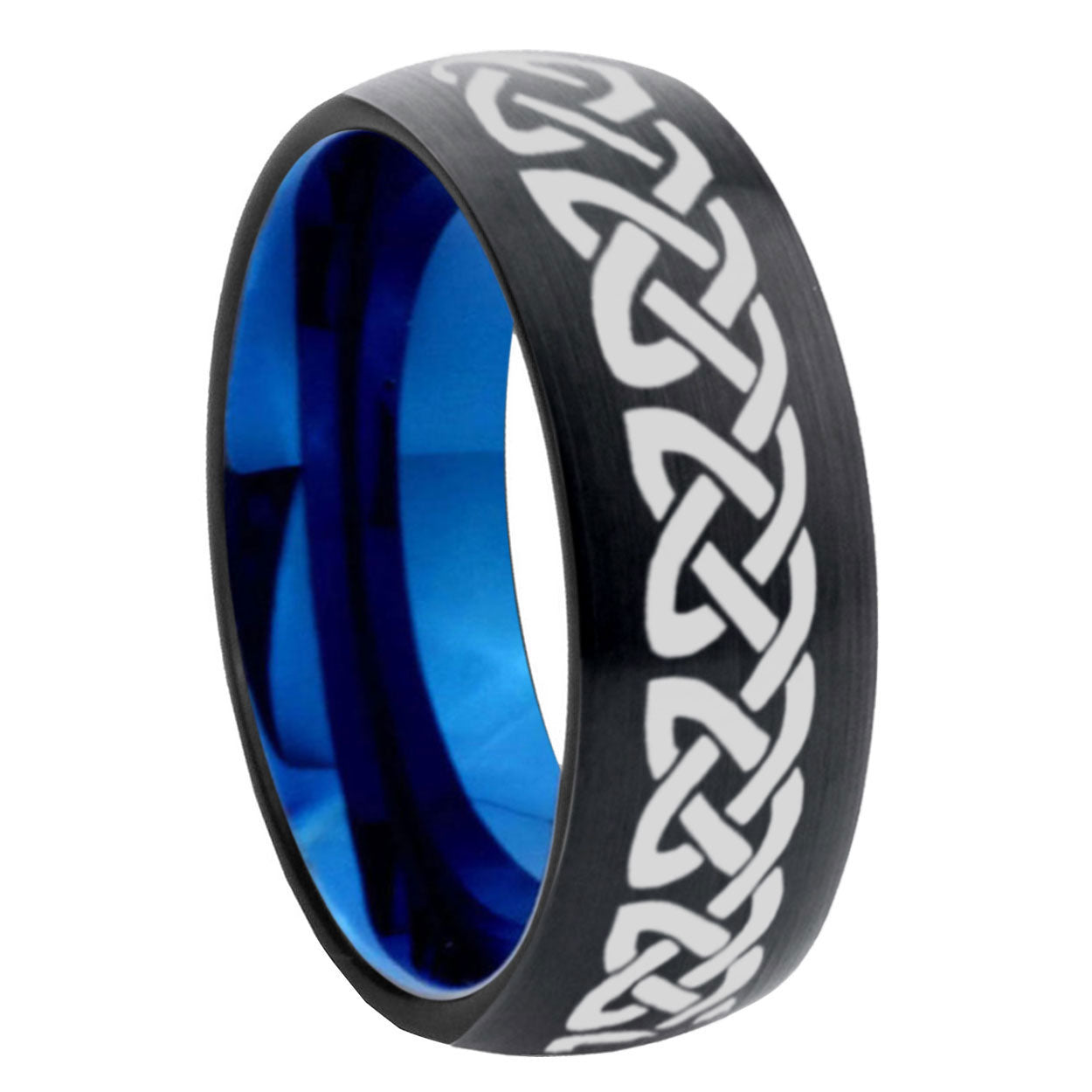 8mm Celtic Knot Love Two-Tone Classic Dome Black Blue Tungsten Engraved Ring