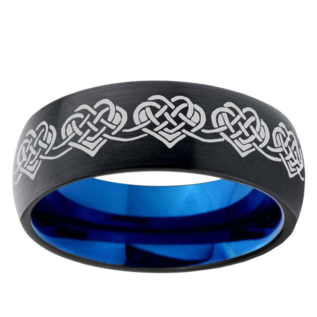 5mm Celtic Knot Heart Two-Tone Classic Dome Black Blue Tungsten Engraved Ring